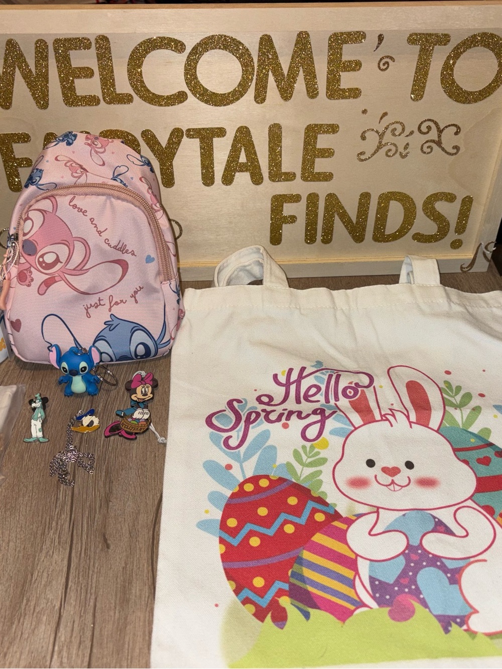 Disney Pink Stitch Mini Backpack with White Spring Bunny Tote